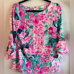 Lilly Pulitzer Top Womens M Multicolor Floral Fontaine 3/4 Sleeve Preppy Beach